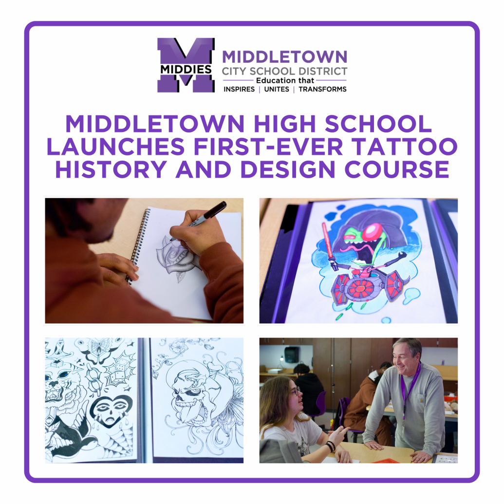 A teacher smiles while talking to a student in a classroom with other students in the background, two photos of tattoo drawings from portfolio